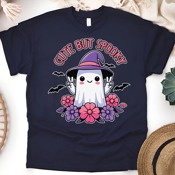 Cute But Spooky Ghost Shirt | Pastel Witch Hat Halloween T-Shirt, Navy, Size M
