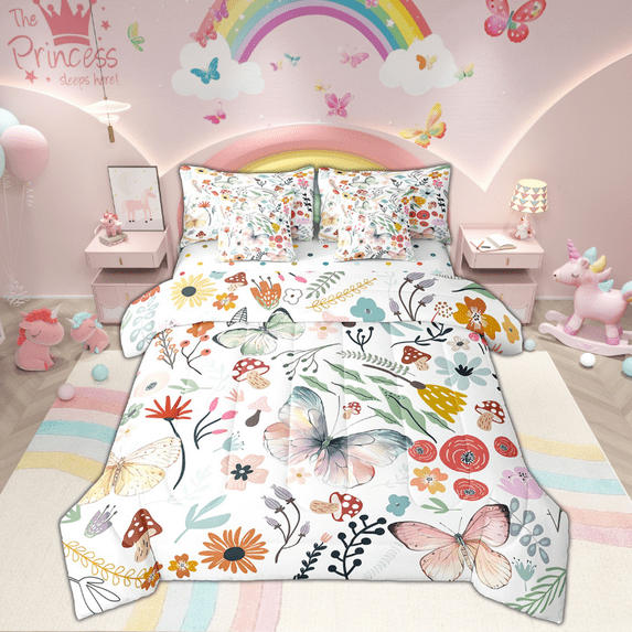 Cute Butterfly Bed in a Bag King Size Comforter Set 7 Pieces,Mushroom Floral Cartoon Animal Bedding Sets Watercolor Flowers Leaves Sheet Set with Comforter