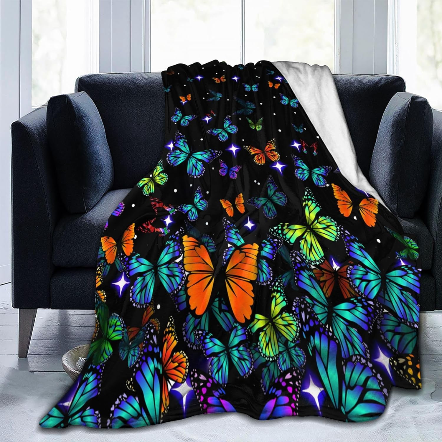 Cute Butterfly Blanket Gifts for Women Girls Beautiful Butterflies Black Flannel Throw Blankets Super Soft Cozy Couch Bed Living Room Travel Christmas Valentine''s Birthday Decor 40"x 50"