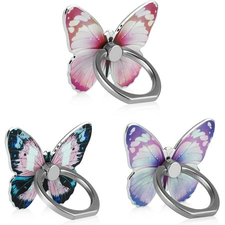 Cute Butterfly Cell Phone Ring Holder 360°Rotation Metal Finger Stand Kickstand Universal Compatible with iPhone Samsung Galaxy LG Google Pixel iPad Three Pack Pink Blue Purple Pretty Butterfly