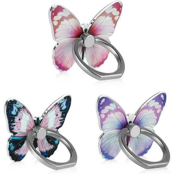 Cute Butterfly Cell Phone Ring Holder 360Rotation Metal Finger Stand Kickstand Universal Compatible with iPhone Samsung Galaxy LG Google Pixel iPad Three Pack Pink Blue Purple Pretty Butterfly