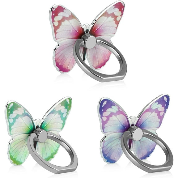 Cute Butterfly Cell Phone Ring Holder 360Rotation Metal Finger Stand Kickstand Universal Compatible with iPhone Samsung Galaxy LG Google Pixel iPad Three Pack Green Pink Purple Pretty Butterfly