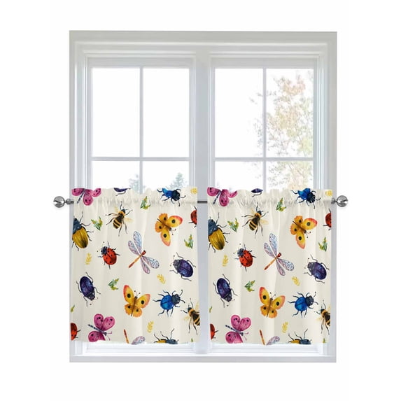 Cute Butterfly Dragonfly 2 Panel Kitchen Curtains for Small Windows, Farmhouse Botanical Floral Beige Bathroom Tier Curtain, Short Window Treatment for Bedroom/Living Room 55"x36"