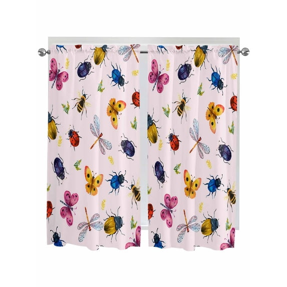 Cute Butterfly Dragonfly Bathroom Window Curtain, Farmhouse Botanical Floral Pink Light Filtering Coffee Kitchen Curtains, Bedroom Living Room Curtains 2 Panel 84"x63"