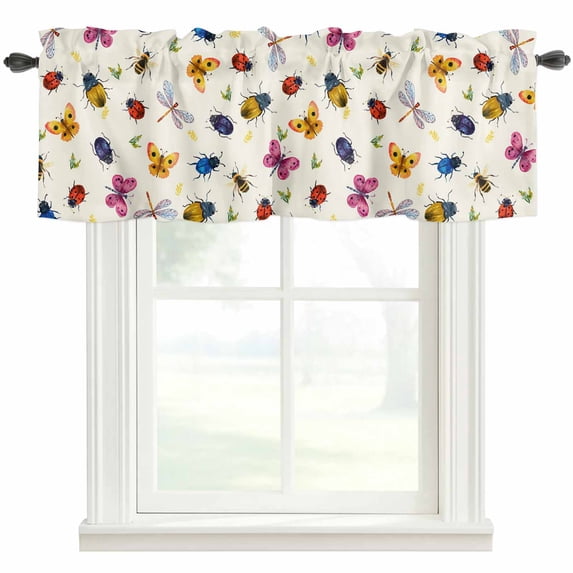 Cute Butterfly Dragonfly Farmhouse Short Window Curtain Valances, Farmhouse Botanical Floral Beige Rod Pocket Kitchen Valances for Living Room Bedroom Bathroom Cafe 42" x 12"