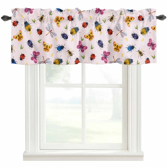 Cute Butterfly Dragonfly Farmhouse Short Window Curtain Valances, Farmhouse Botanical Floral Pink Rod Pocket Kitchen Valances for Living Room Bedroom Bathroom Cafe 42" x 18"