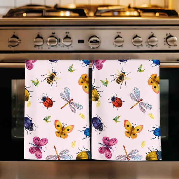 Cute Butterfly Dragonfly Kitchen Towels Set of 3, Farmhouse Botanical Floral Pink Absorbent Dish Towels for Kitchen, Microfiber Hand Towel, Quick Drying Tea Towel for Cleaning Decorative Dishcloths