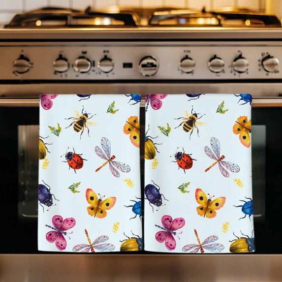 Cute Butterfly Dragonfly Kitchen Towels Set of 4, Farmhouse Botanical Floral Blue Absorbent Dish Towels for Kitchen, Microfiber Hand Towel, Quick Drying Tea Towel for Cleaning Decorative Dishcloths