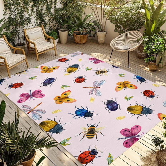Cute Butterfly Dragonfly Outdoor Rug for Patio/Deck/Porch, Non-Slip Large Area Rug 5 x 7 Ft, Farmhouse Botanical Floral Pink Indoor Outdoor Rugs Washable Area Rugs, Camping Rug Carpet Runner