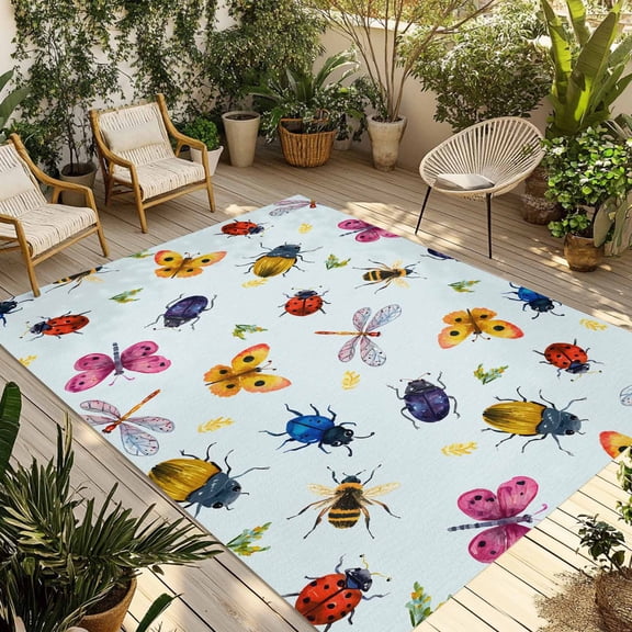 Cute Butterfly Dragonfly Outdoor Rug for Patio/Deck/Porch, Non-Slip Large Area Rug 6 x 9 Ft, Farmhouse Botanical Floral Blue Indoor Outdoor Rugs Washable Area Rugs, Camping Rug Carpet Runner