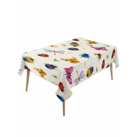 Cute Butterfly Dragonfly Rectangle Tablecloth, Farmhouse Botanical Floral Beige Waterproof & StainResistant Tablecloth, Washable Oil-proof Table Cover for Dining/Party/Wedding/Buffet 60x120 In