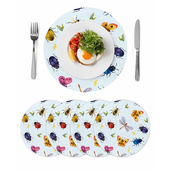 Cute Butterfly Dragonfly Round 13 Inch Placemats Set of 4, Farmhouse Botanical Floral Blue HeatResistant Non Slip Place Mats for Dining Table, Wipeable Braided Kitchen Table Mats for Housewarming