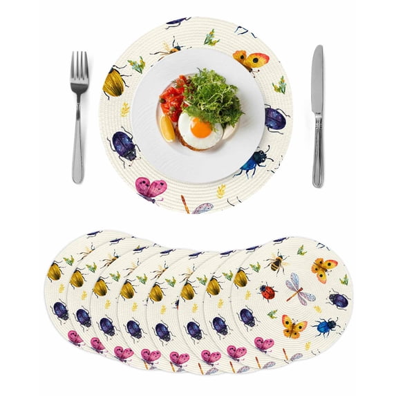 Cute Butterfly Dragonfly Round 13 Inch Placemats Set of 8, Farmhouse Botanical Floral Beige HeatResistant Non Slip Place Mats for Dining Table, Wipeable Braided Kitchen Table Mats for Housewarming