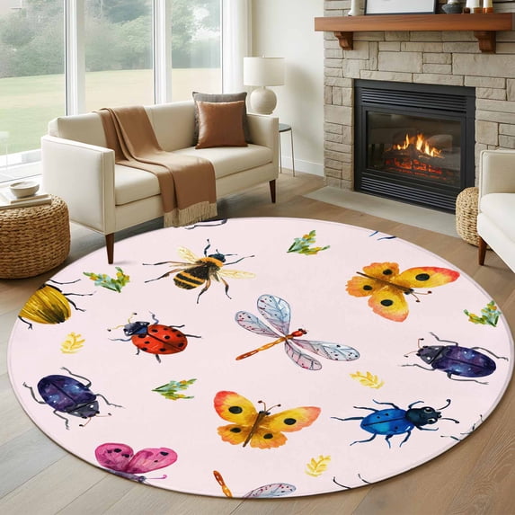 Naturestep Rug Butterfly Cute Butterfly Dragonfly Round Area Rug 8Ft Washable Large Circle Rugs ...