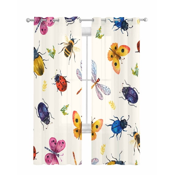 Cute Butterfly Dragonfly Sheer Curtains 84 Inch Length 2 Panels Set for Living Room/Bedroom, Farmhouse Botanical Floral Beige Kitchen Curtains Grommet Semi-Sheer Curtains Window Treatments 42"x84"x2