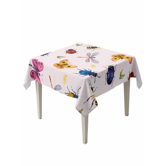Cute Butterfly Dragonfly Suqare Tablecloth - 54 x 54 Inch, Farmhouse Botanical Floral Pink Waterproof & StainResistant Tablecloth, Washable Oil-proof Table Cover for Dining/Party/Wedding/Buffet
