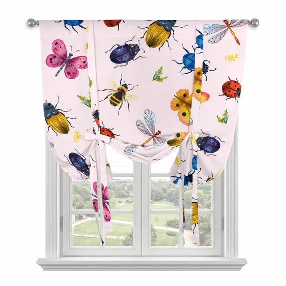 Cute Butterfly Dragonfly Tie Up Curtains for Windows, Balloon Window Shades, Farmhouse Botanical Floral Pink Kitchen Window Treatments Roll Up Curtain for Basement/Nursery 52"x45"