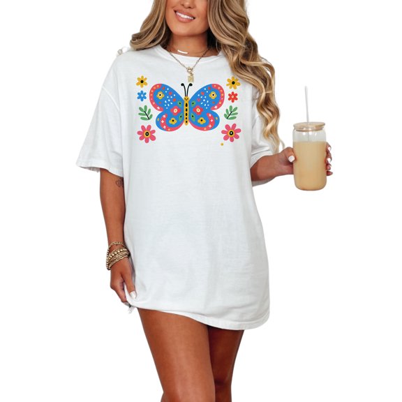 Cute Butterfly Graphic Tee, Colorful Butterfly T-Shirt, Fun Nature Lover Shirt, Floral Pattern Top, Spring Summer Casual Wear, White Comfort Colors T-Shirt, Medium