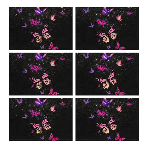 Cute Butterfly Heat Resistant Flax Table Mats with Colorful Tropical Floral Pattern, Wrinkle Free Machine Washable Place Mats for Dining Table, Artistic and Aesthetic Design, Set of 6