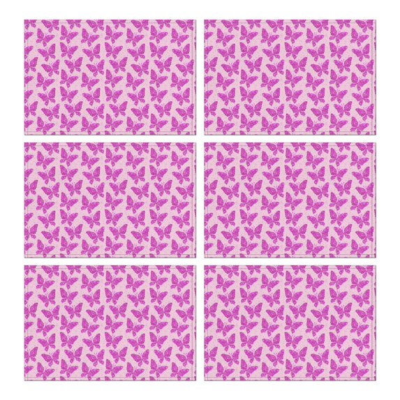 Cute Butterfly Heat Resistant Flax Table Mats with Colorful Tropical Floral Pattern, Wrinkle Free Machine Washable Place Mats for Dining Table, Artistic and Aesthetic Design, Set of 6