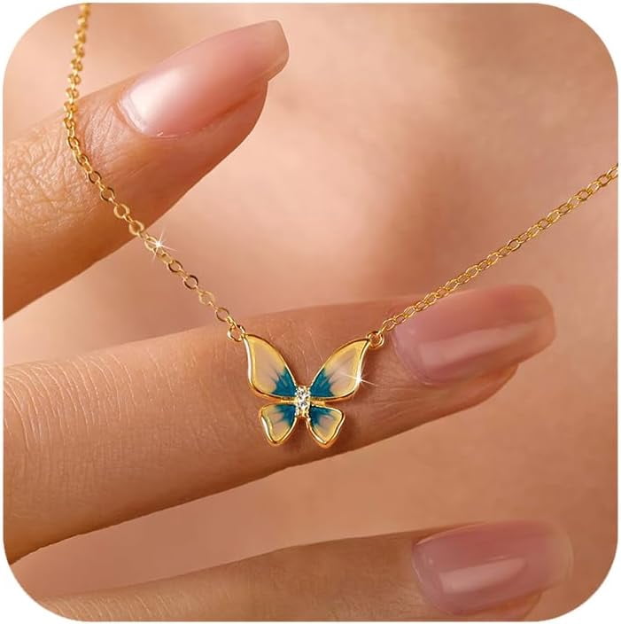 Cute Butterfly Necklaces for Women 14K Gold Plated Blue Enamel Butterfly Insect Choker Pendant Necklace 925 Sterling Silver CZ Charm Chain Necklace Jewelry Birthday Gifts to Daughter