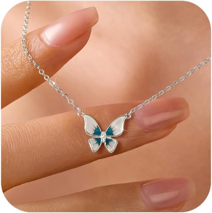 Cute Butterfly Necklaces for Women 14K Gold Plated Blue Enamel Butterfly Insect Choker Pendant Necklace 925 Sterling Silver CZ Charm Chain Necklace Jewelry Birthday Gifts to Daughter