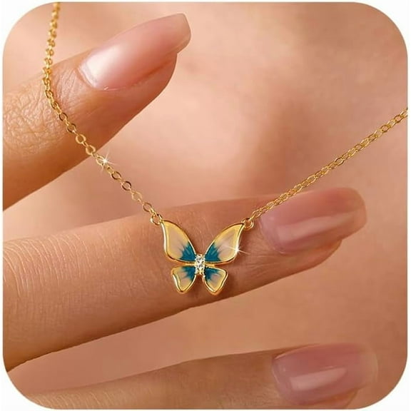 Cute Butterfly Necklaces for Women 14K Gold Plated Blue Enamel Butterfly Insect Choker Pendant Necklace 925 Sterling Silver CZ Charm Chain Necklace Jewelry Christmas Gifts to Daughter