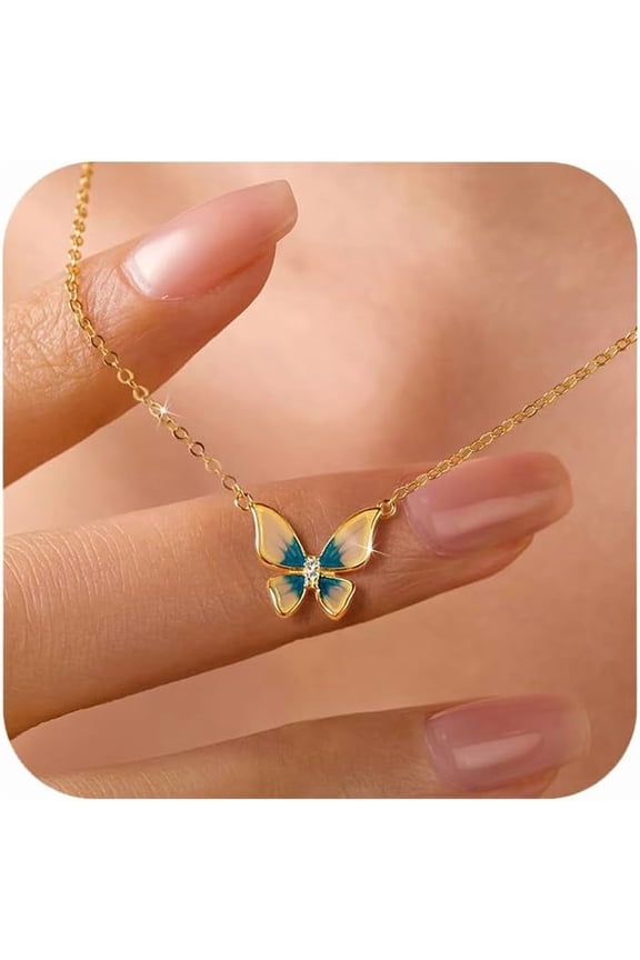 Cute Butterfly Necklaces for Women 14K Gold Plated Blue Enamel Butterfly Insect Choker Pendant Necklace 925 Sterling Silver CZ Charm Chain Necklace Jewelry Christmas Gifts to Daughter