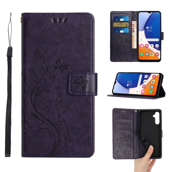 Cute Butterfly Phone Case for Samsung Galaxy S24 (2024) - Lightweight Faux Leather/TPU Folio Wallet Case with View Stand / Card Slots Features, Protective Portable Cover Shell, Purple