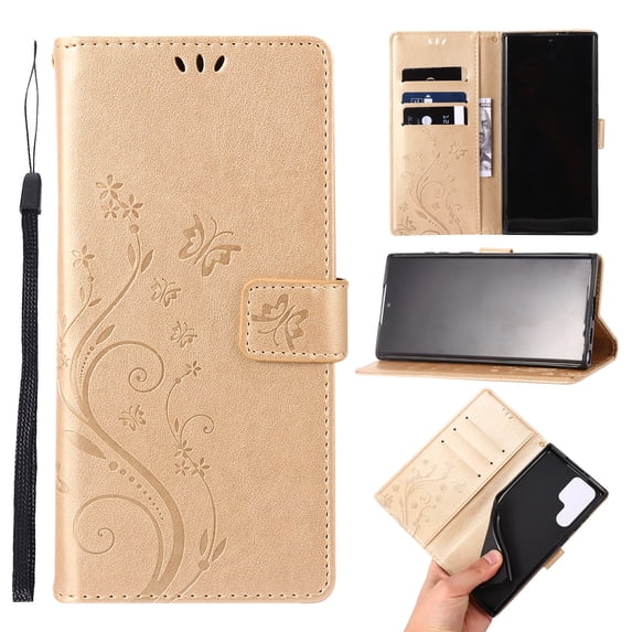 Cute Butterfly Phone Case for Samsung Galaxy S24 Ultra (2024) - Lightweight Faux Leather/TPU Folio Wallet Case with View Stand / Card Slots Features, Protective Portable Cover Shell, Gold