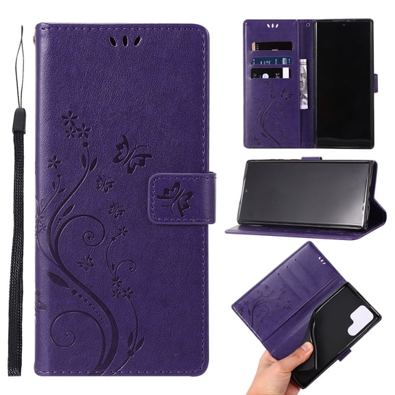 Cute Butterfly Phone Case for Samsung Galaxy S24 Ultra (2024) - Lightweight Faux Leather/TPU Folio Wallet Case with View Stand / Card Slots Features, Protective Portable Cover Shell, Purple