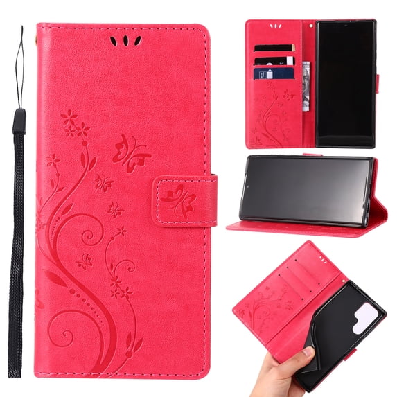 Cute Butterfly Phone Case for Samsung Galaxy S24 Ultra (2024) - Lightweight Faux Leather/TPU Folio Wallet Case with View Stand / Card Slots Features, Protective Portable Cover Shell, Red