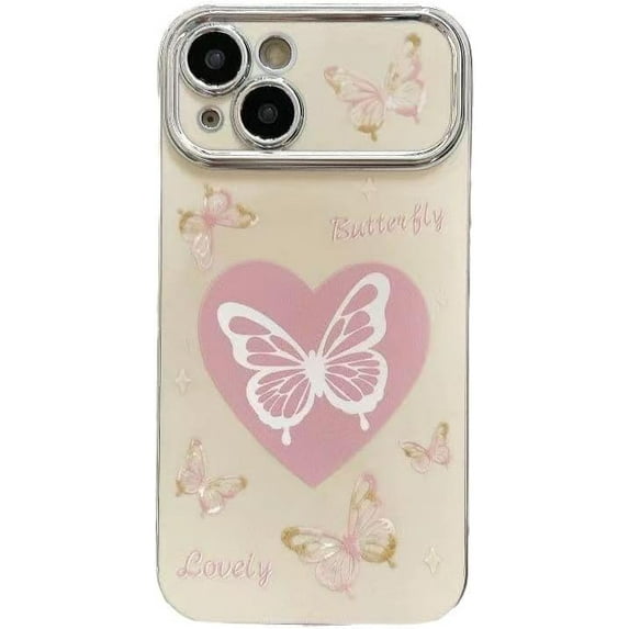 Cute Butterfly Pink Love Heart Silver Plated Edge Soft for iPhone Case (White,iPhone 14 Pro)