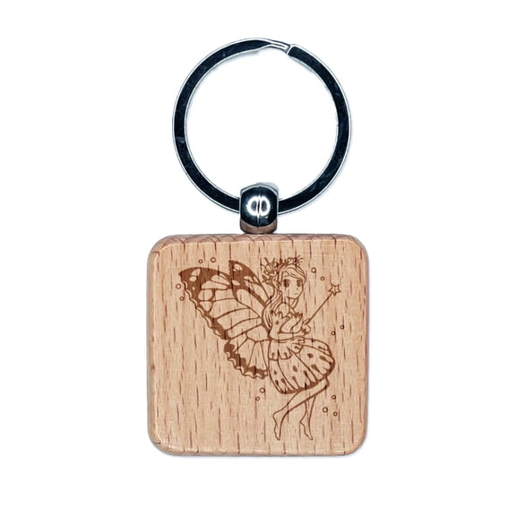 Cute Butterfly Pixie Fairy Girl Square Keychain Charm Tag - Engraved Wood