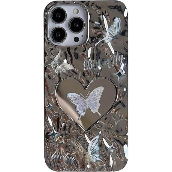 Cute Butterfly Water Ripple Plating Mirror Phone Case Compatible with iPhone Case (Silver,iPhone 13 Pro Max)