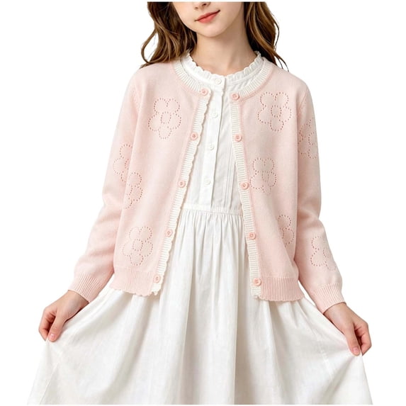 Cute Button Down Cardigans Girls Lightweight Fall Floral Knit Sweaters Cardigan Casual School Uniforms Tops Pink, 5 Y