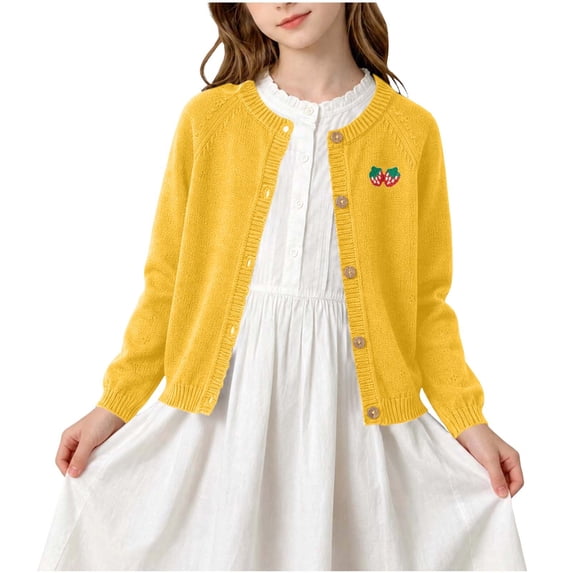 Cute Button Down Cardigans Girls Raglan Sleeve Fall Knit Sweaters Cardigan Casual School Uniforms Tops Yellow, 2 Y