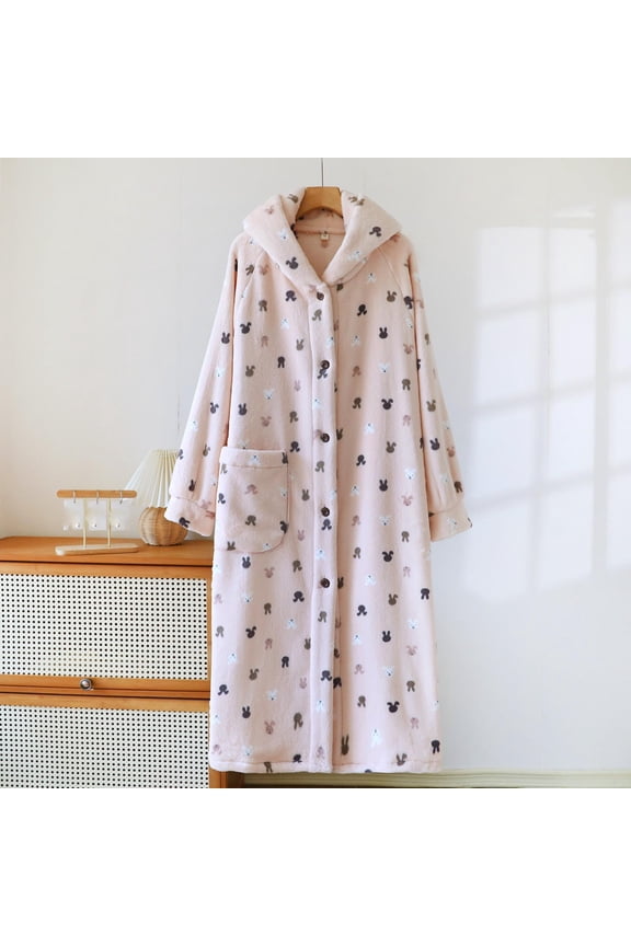 Cute Button Down Robe for Women Casual Fleece Winter Warm Pajamas House Coats with Pockets Loose Loungewear Pink A M
