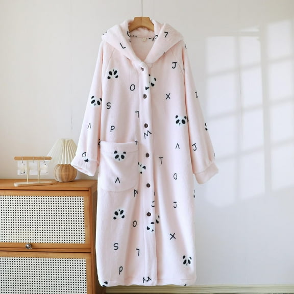 Cute Button Down Robe for Women Casual Fleece Winter Warm Pajamas House Coats with Pockets Loose Loungewear Pink M