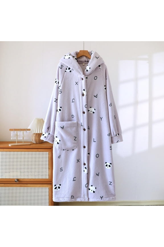 Cute Button Down Robe for Women Casual Fleece Winter Warm Pajamas House Coats with Pockets Loose Loungewear Purple L
