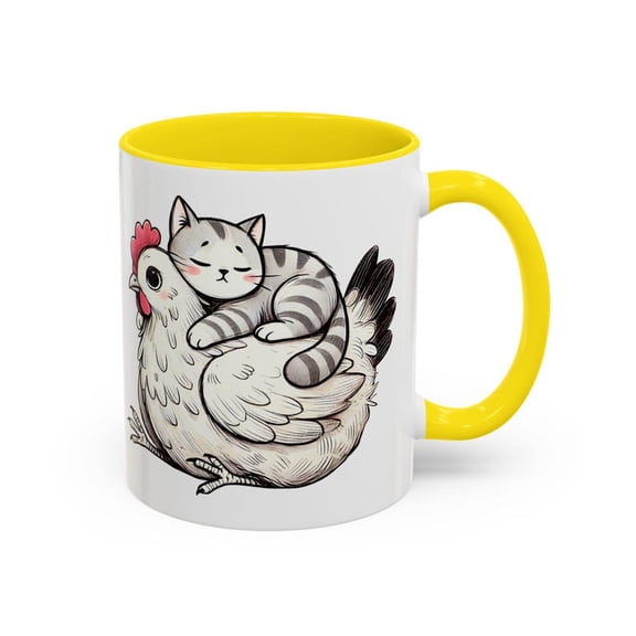 Cute C1At and Chicken Mug, Funny Farm Animal Coffee Cup, Adorable eeping Kitty on Hen Art, Gift for Animal Lovers, Farmers, Pet Owners