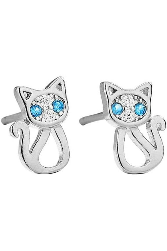 Cute CZ Cat Stud Earrings for Women Sensitive Ears Dainty Small Kitty Kitten Animal Pet Blue Crystal Cartilage Studs Piercing Hypoallergenic Minimalist Jewelry Gifts Birthday for Daughter Niece