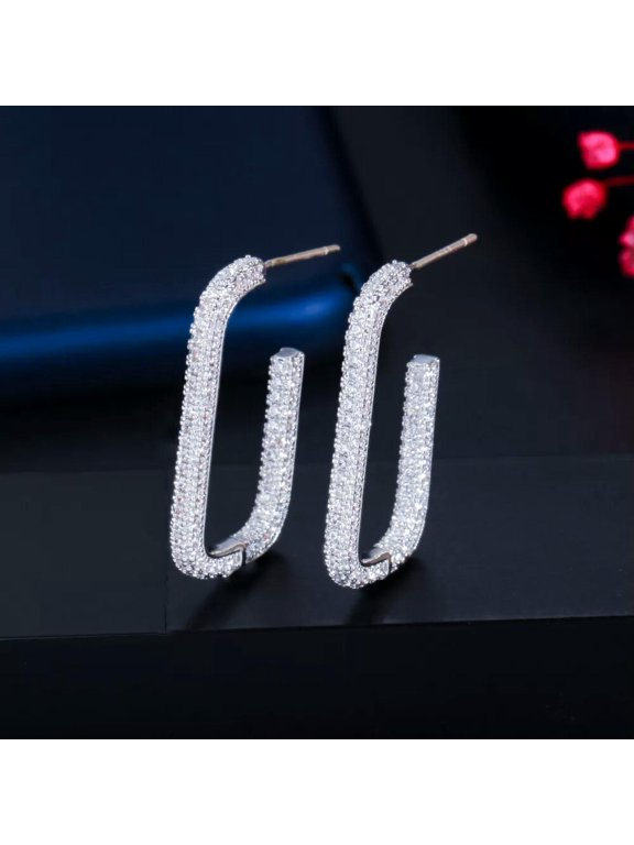 Cute CZ Ladies Micro Pave Geometric Rectangle Hoop Earrings 925 Silver Jewelry
