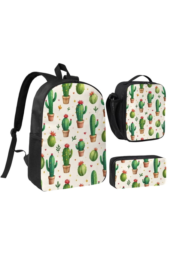 Cute Cactus Backpack Set 3pc Including Backpack, Lunch Bag and Pen Bag Combination