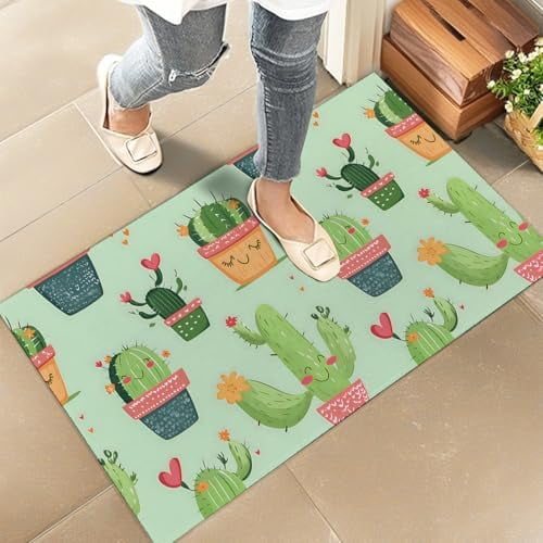 Cute Cactus Indoor Door Mat 16x24 Inch Floor Doormat with Cacti Flower Green Design,for Porch Insider,Bedroom,Living Room - Southwestern Decor Rug Gifts.