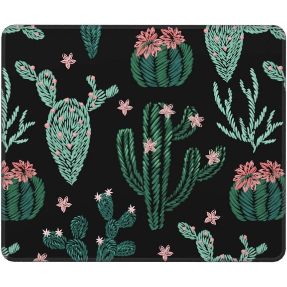 Cute Cactus Mouse Pad with Stitched Edge Plant-Themed 12" × 10" Black Mouse Mat Waterproof Non-Slip Rubber Base Rectangle Mousepad for Laptop Computer PC Gaming Office Desk