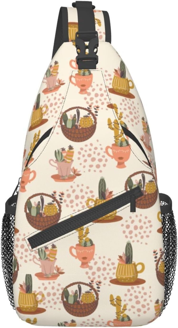 Cute Cactus Pattern Sling Bag Crossbody Hiking Travel Chest Bags Backpack Shoulder Daypack for Women Men