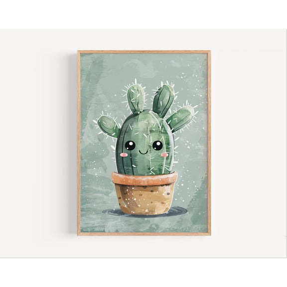 Cute Cactus Poster – Green Plant In Pot With Smiley Face, Wall Art For Room Or Nursery Decoration, Unframed Poster Size 8x12