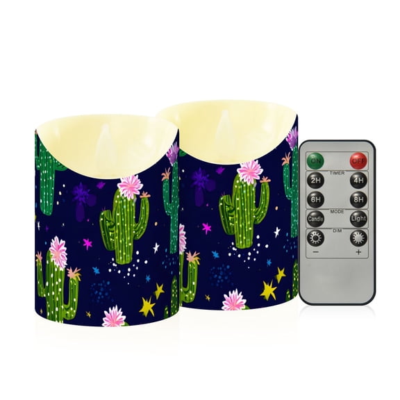 Cute Cactus Stars Pattern Flickering Flameless Candles with Remote Timer Battery Operated LED Tealight Set of 2 S