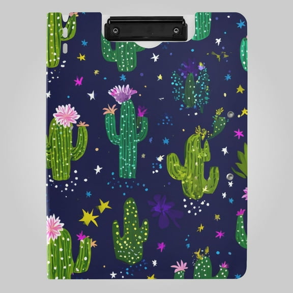 Cute Cactus Stars Pattern Foldable Binder Folder Clipboard with Pen Slot Double Clips A4 Size File Storage